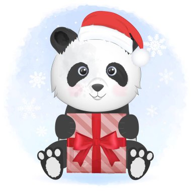 Kışın hediye kutusu ve Noel illüstrasyonuyla Şirin Panda.