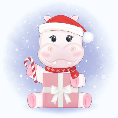 Kışın hediye kutusuyla ve Noel illüstrasyonuyla sevimli bebek Hippo.