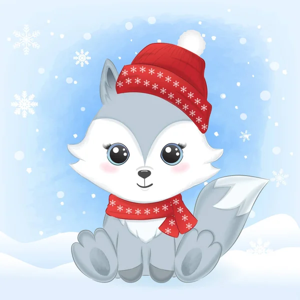 Lindo Bebé Fox Dibujos Animados Nieve Dibujado Mano Acuarela Ilustración — Vector de stock