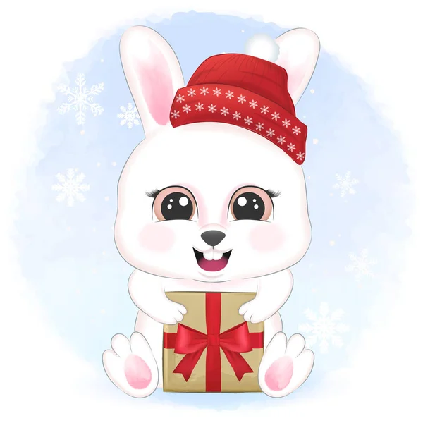 Lapin Mignon Avec Boîte Cadeau Hiver Illustration Noël — Image vectorielle