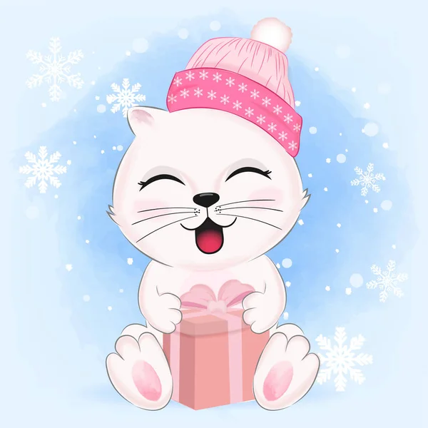 Nettes Kätzchen Mit Geschenkbox Winter Und Weihnachten Illustration — Stockvektor