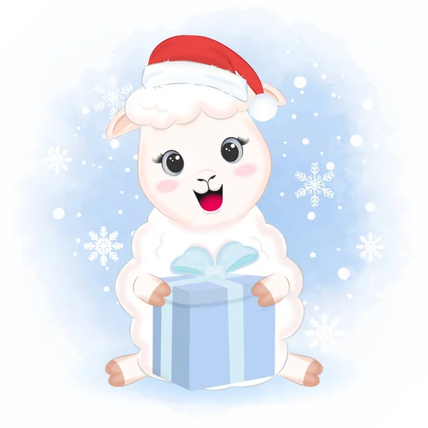 Mignon Mouton Avec Boîte Cadeau Hiver Illustration Noël — Image vectorielle
