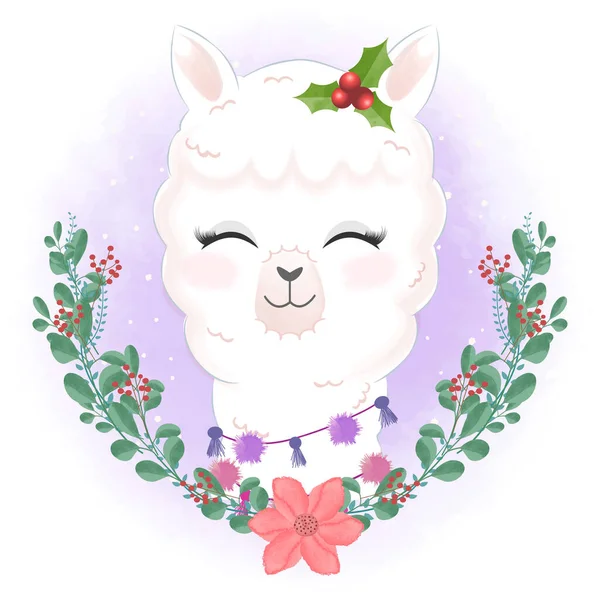 Llama Imut Dengan Ilustrasi Karangan Bunga Natal - Stok Vektor