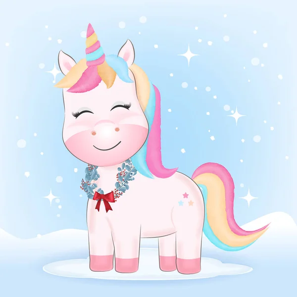 Lindo Unicornio Con Corona Navidad Invierno Navidad Ilustración — Vector de stock
