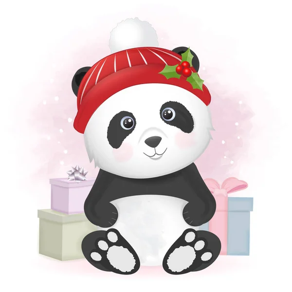 Niedliche Baby Panda Mit Geschenk Boxen Cartoon Hand Gezeichnet Weihnachtszeit — Stockvektor