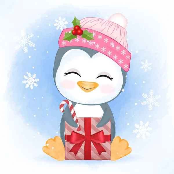 Lindo Pingüino Con Caja Regalo Ilustración Navidad Ilustraciones De Stock Sin Royalties Gratis