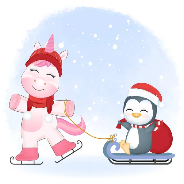 Cute Little Jednorożec Ciągnąc Pingwina Saniach Zima Boże Narodzenie Ilustracja — Wektor stockowy