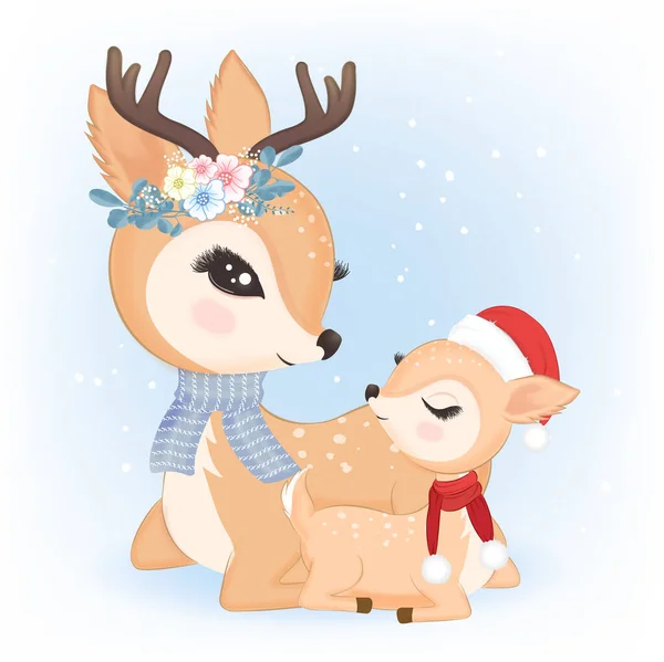 Venado Familia Linda Con Ramo Ilustración Navidad — Vector de stock