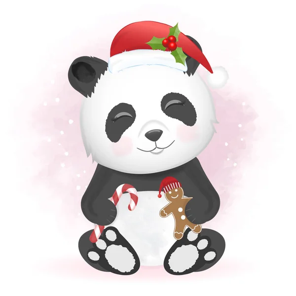 Lindo Panda Familia Con Dibujos Animados Jengibre Dibujado Mano Navidad Ilustración De Stock