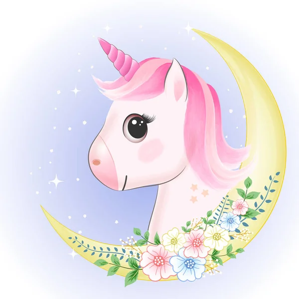 Lindo Unicornio Luna Creciente Dibujado Mano Dibujos Animados Animal Acuarela — Vector de stock