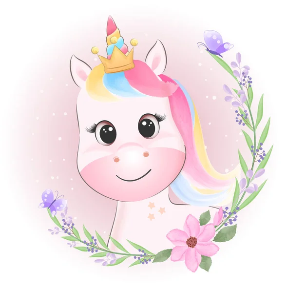 Lindo Unicornio Corona Flor Dibujado Mano Dibujos Animados Animal Acuarela — Vector de stock