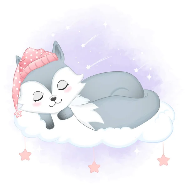 Cute Little Fox Dormir Nube Dibujado Mano Dibujos Animados Animal — Vector de stock