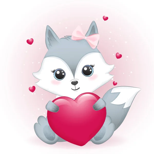 Lindo Pequeño Zorro Corazón San Valentín Concepto Ilustración — Vector de stock