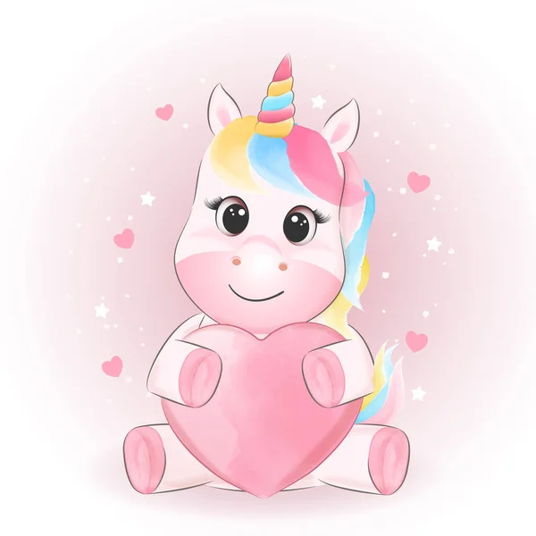 Mignon Licorne Coeur Dessiné Main Dessin Animé Animal Aquarelle Illustration — Image vectorielle