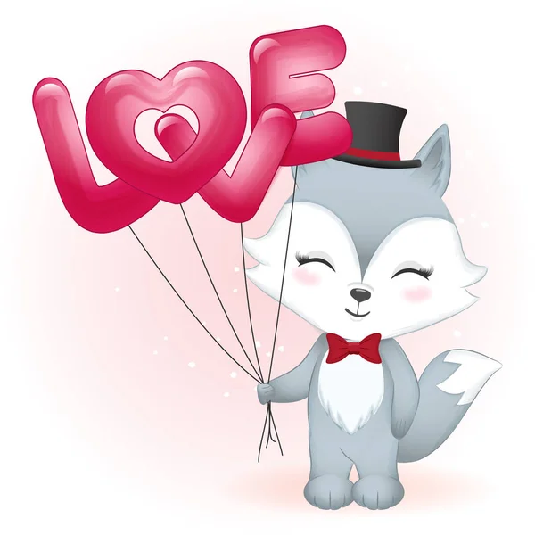 Mignon Renard Tenant Amour Ballons Valentine Day Concept Illustration — Image vectorielle