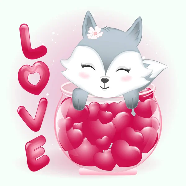 瓶の中のかわいい狐と心バレンタインデーのコンセプトイラスト — ストックベクタ