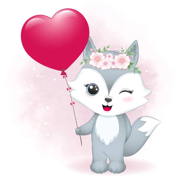 Bonito Raposa Segurando Coração Balão Valentine Dia Conceito Ilustração —  Vetores de Stock