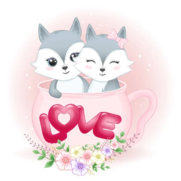 Couple Mignon Fox Tasse Valentine Day Concept Illustration — Image vectorielle