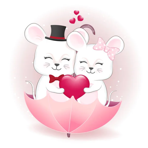 Cute Pasangan Mouse Dengan Hati Payung Valentine Hari Konsep Ilustrasi - Stok Vektor