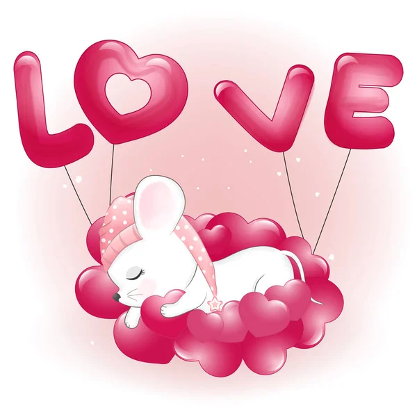 Niedliche Kleine Maus Schläft Auf Herzen Valentinstag Konzept Illustration — Stockvektor