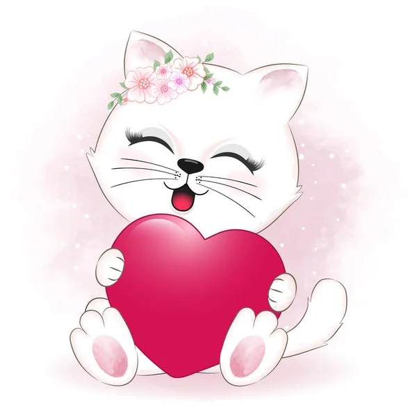 Niedliche Kleine Katze Und Herz Valentinstag Konzept Illustration — Stockvektor