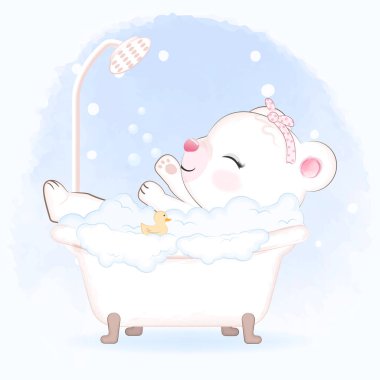 Küçük şirin ayı küvette banyo yapıyor, el çizimi karikatür çizimi.
