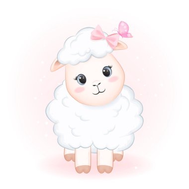 Sevimli küçük koyunlar ve kelebek elli çizgi film hayvan çizimleri.