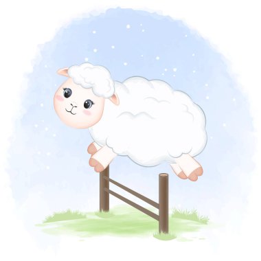 Çitin üzerinden atlayan sevimli koyunlar çizilmiş el çizimleri.