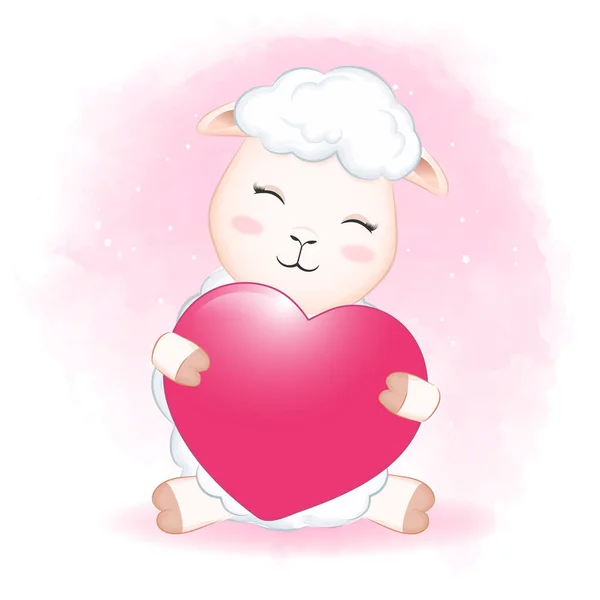 Χαριτωμένο Μικρό Πρόβατο Και Καρδιά Κινούμενο Σχέδιο Χέρι Εικονογράφηση — Διανυσματικό Αρχείο