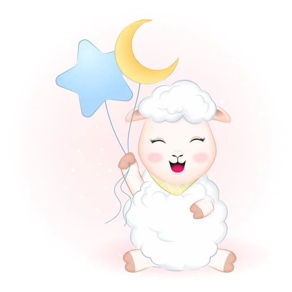 可爱的小羊牵着气球手绘漫画动物水彩画 — 图库矢量图片