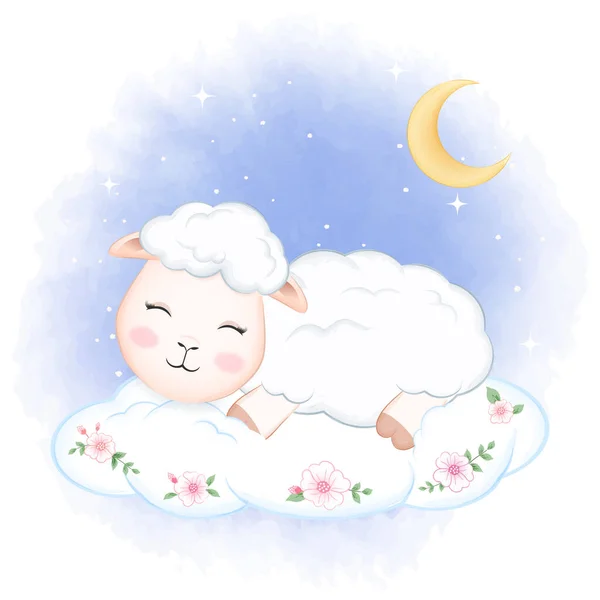 Mignon Petit Mouton Dormir Sur Nuage Dessiné Main Dessin Animé — Image vectorielle