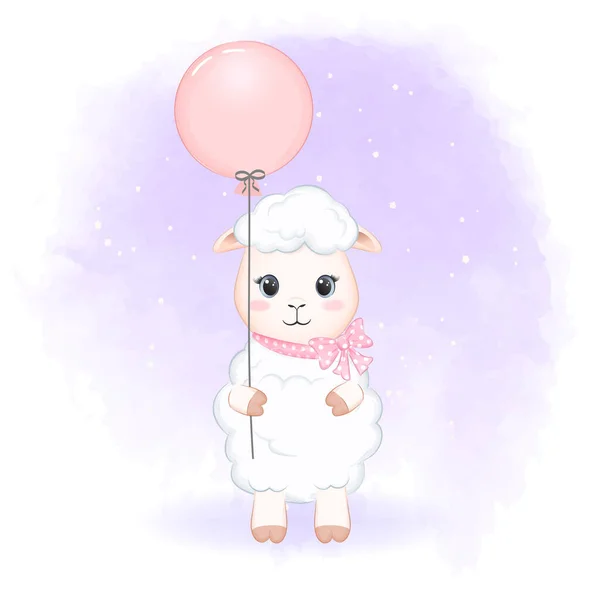 Cute Little Sheep Dan Balon Tangan Kartun Digambar Ilustrasi - Stok Vektor