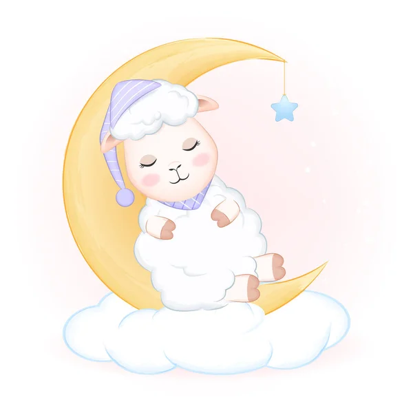 Χαριτωμένο Μικρό Πρόβατο Κοιμάται Στο Χέρι Φεγγάρι Ζωγραφισμένα Κινούμενα Σχέδια — Διανυσματικό Αρχείο