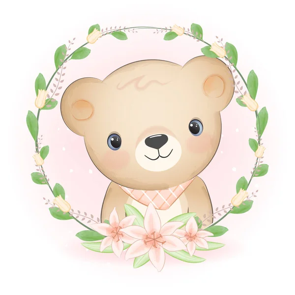 Niedlichen Kleinen Bären Und Flora Rahmen Karikatur Tier Aquarell Illustration — Stockvektor