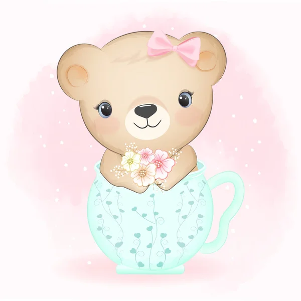 Urso Pequeno Bonito Sentado Desenho Animado Copo Ilustração Aquarela Animal — Vetor de Stock