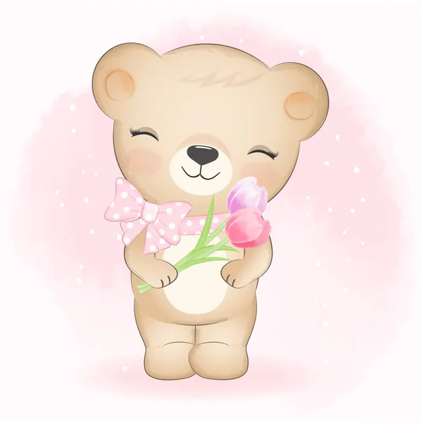 Urso Pequeno Bonito Flores Desenho Animado Ilustração Aquarela Animal — Vetor de Stock