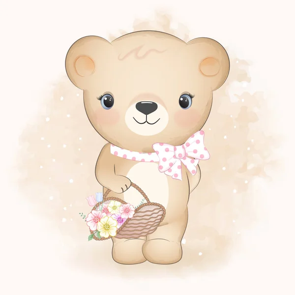 Pequeno Urso Segurando Flores Cesta Ilustração Aquarela — Vetor de Stock