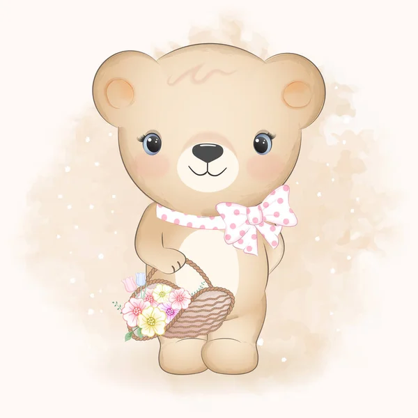 Pequeño Oso Sosteniendo Flores Cesta Ilustración Acuarela — Vector de stock