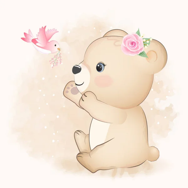 Petit Ours Mignon Avec Dessin Main Oiseau Dessin Animé Animal — Image vectorielle