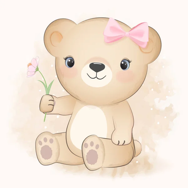 Linda Pequeña Flor Oso Cosmos Dibujos Animados Animal Acuarela Ilustración — Vector de stock