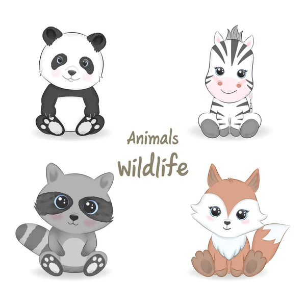 Cute Animals Wildlife Set Cartoon Animal Watercolor Illustration — Stock Vector