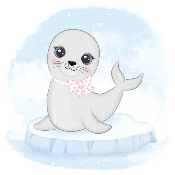 Linda Foca Bebé Témpano Hielo Dibujo Animado Animal Acuarela Ilustración — Vector de stock