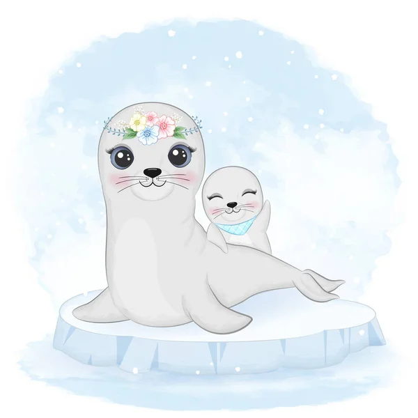 Linda Foca Bebé Mamá Témpano Hielo Dibujo Animado Animal Acuarela — Vector de stock