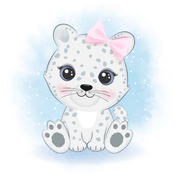 Bonito Leopardo Neve Desenho Animado Ártico Animal Aquarela Ilustração — Vetor de Stock