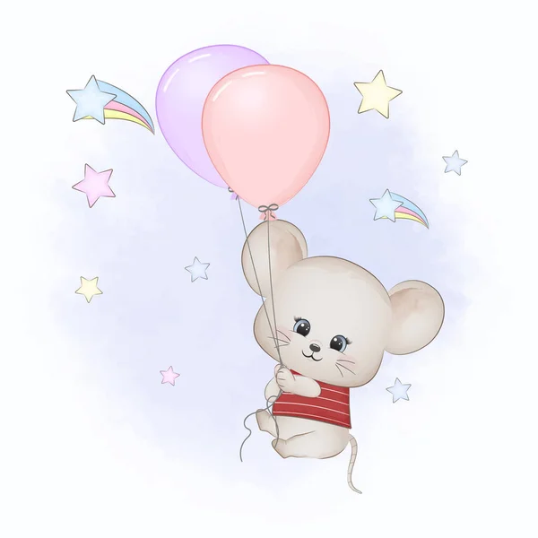 Niedliche Kleine Maus Mit Luftballons Himmel Aquarell Illustration — Stockvektor