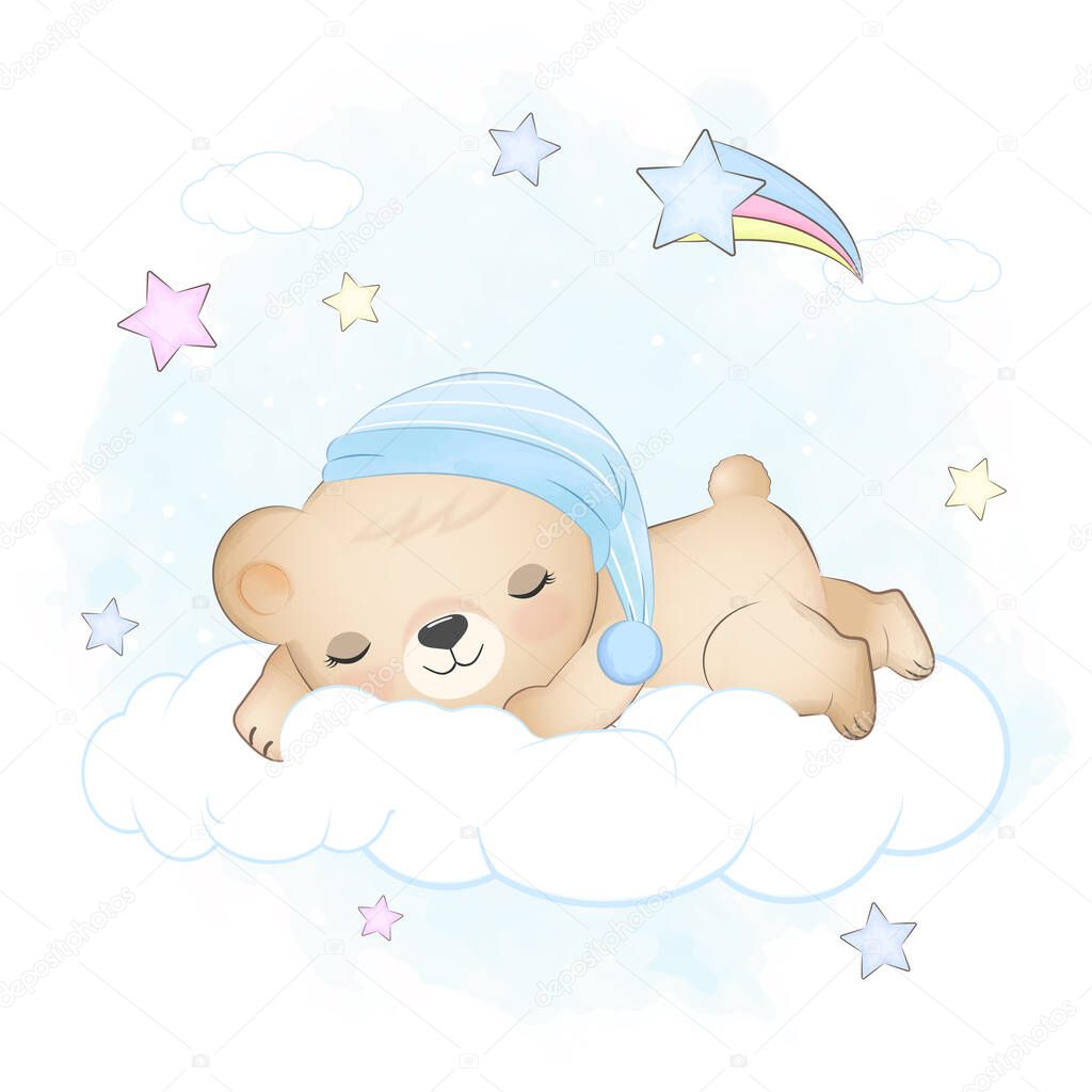 Teddy bear sleeping on the cloud blue watercolor background