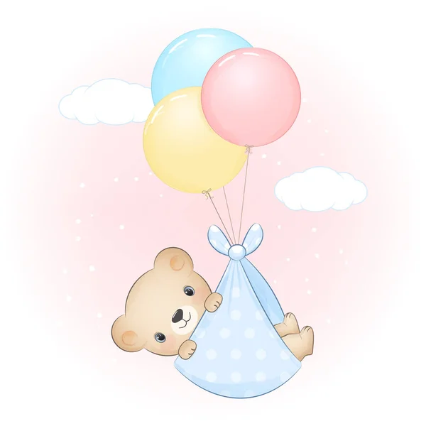 Cute Baby Bear Balloon Newborn Cartoon Illustration — Stock Vector