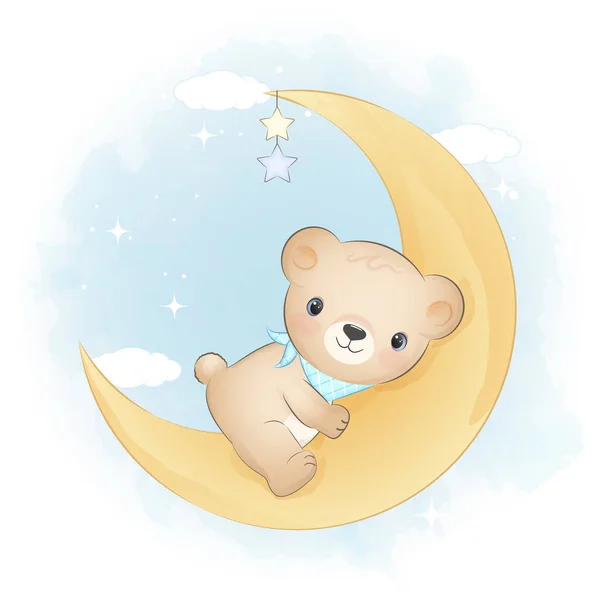 Cute Teddy Bear Crescent Moon Animal Watercolor Illustration — Stock Vector