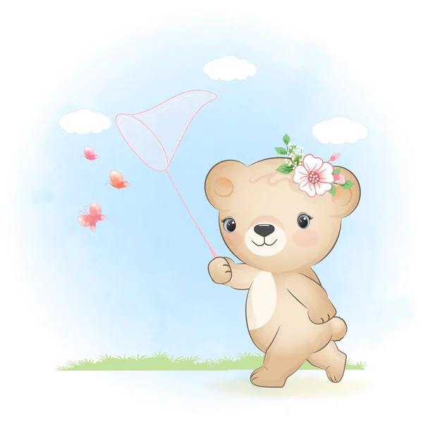 Mignon Petit Ours Attraper Des Papillons Avec Filet Dessin Animé — Image vectorielle