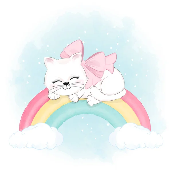 Leuke Kat Slapen Regenboog Cartoon Dier Aquarel Illustratie — Stockvector